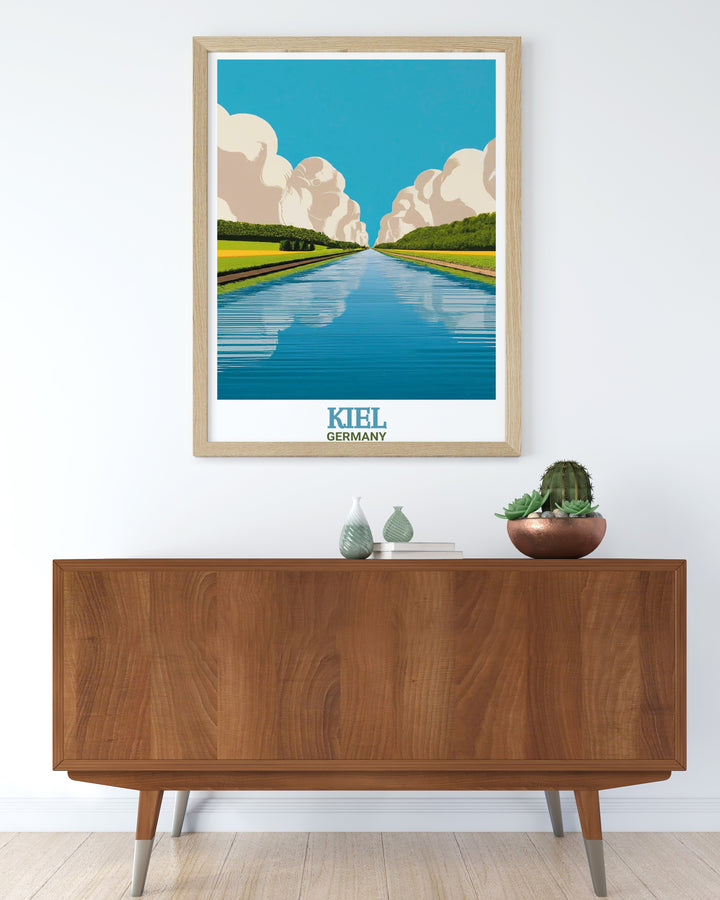 This Kiel poster print captures the stunning view of the Kiel Canal, a significant waterway in Germany connecting the North Sea and the Baltic. A perfect travel print for those who appreciate maritime history and Germanys engineering wonders.