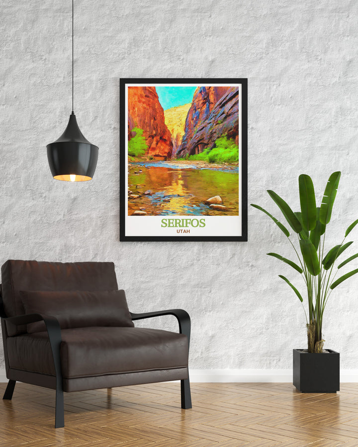 This Springdale Poster highlights the unique charm of The Narrows, one of Utahs most iconic landscapes. The detailed portrayal of the towering cliffs and serene river makes it a timeless piece for any home.