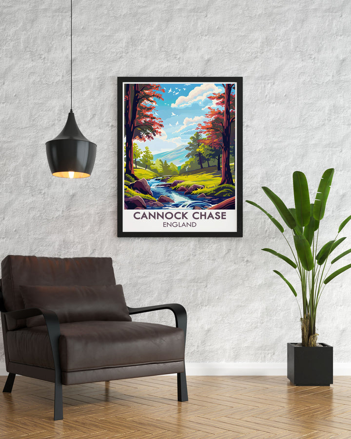 Enhance your living space with the Sherbrook Valley travel poster. This beautiful depiction of Cannock Chase captures the essence of British nature and is perfect for outdoor enthusiasts. The detailed artwork brings the English woodland right into your home.