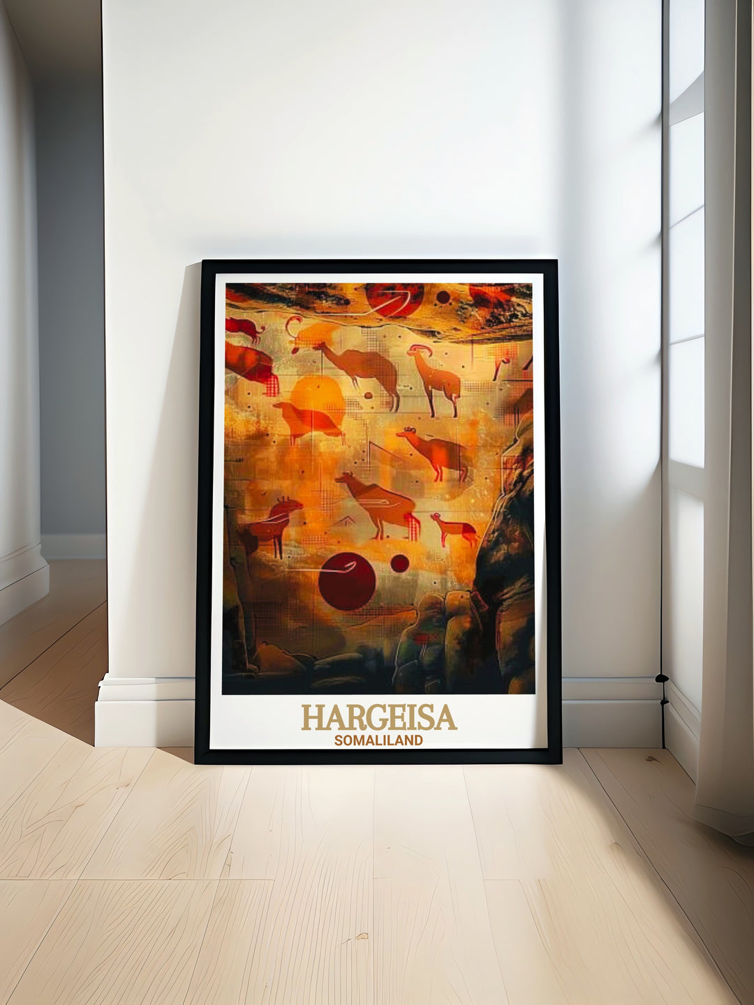 This Hargeisa poster print captures the vibrant essence of Somaliland, featuring the iconic Laas Geel Rock Art. Perfect for travel lovers, this print combines ancient art with a modern color palette, creating a stunning piece of wall décor for any space.