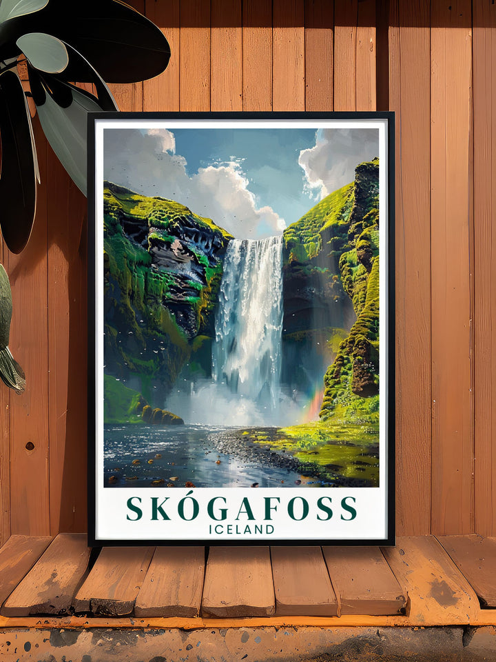 Captivating Skogafoss waterfall print highlighting the awe inspiring presence of Icelands famous waterfall a must have addition to any art collection for those who love travel and adventure.