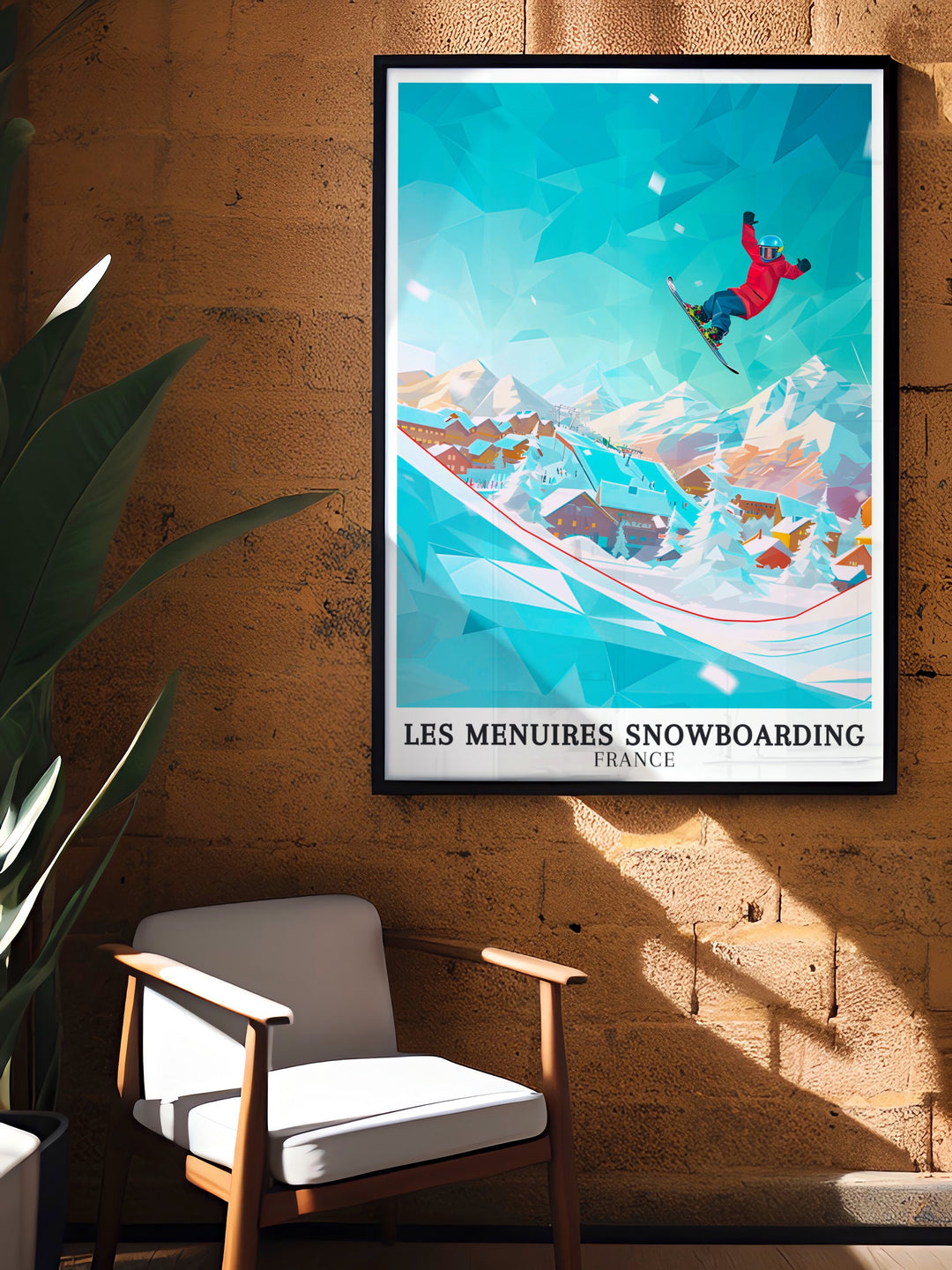 Vibrant Les Menuires BK Park Snowboarding Art Poster celebrating the adventure of snowboarding and skiing at one of the French Alps most famous parks ideal as home decor or a gift for snow sports lovers