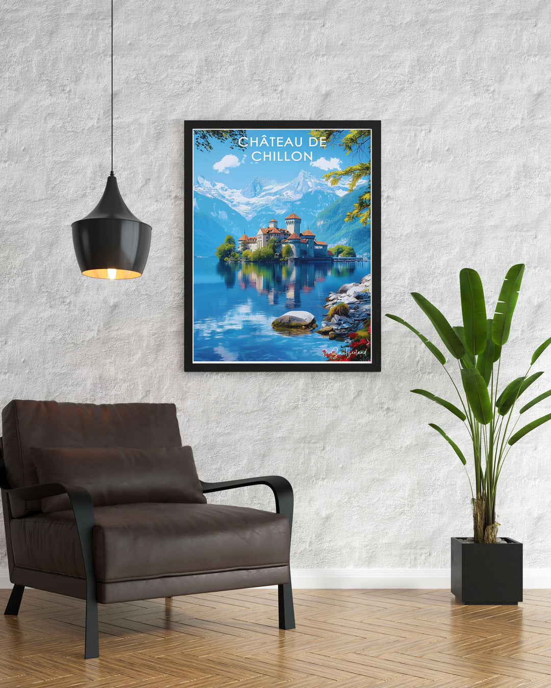 Swiss Alps Print featuring the iconic Jungfrau Eiger and Monch mountains capturing the breathtaking beauty of Switzerland complemented by Chateau de Chillon modern prints for sophisticated home decor