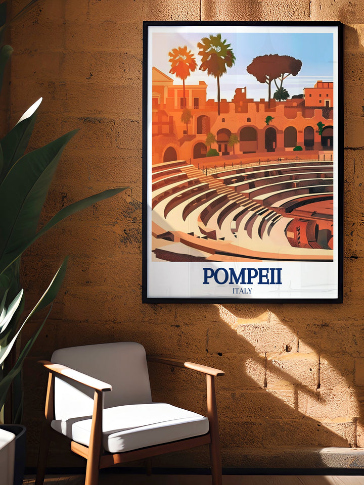 Pompeii vintage poster featuring the Herculaneum Gate and Amphitheatre, highlighting the beauty and history of this ancient city. This custom print adds a timeless touch to your wall décor, ideal for anyone who loves Italian history and classical art.