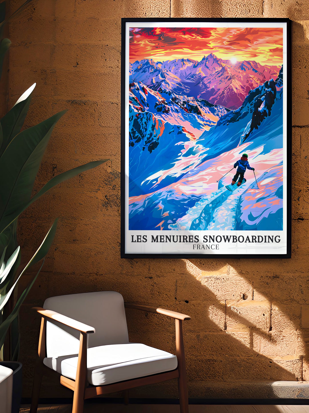 Capture the thrilling experience of snowboarding at Les Menuires BK Park with this elegant art print perfect for ski enthusiasts looking for a stunning visual reminder of their favorite winter escapes or a stylish addition to their living space