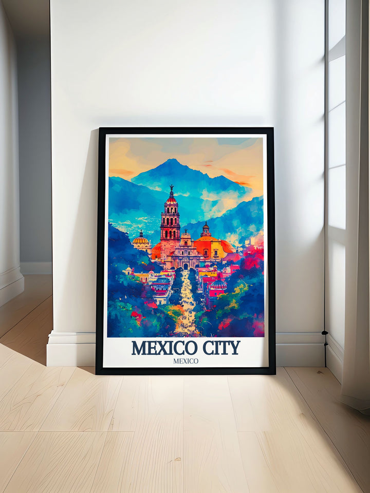 Stunning artwork featuring Metropolitan cathedral Zocalo Chapultepec castle captures the vibrant essence of Mexico City. Perfect for home or office decor this Mexico City wall art brings historical landmarks to life with vivid colors and intricate details.