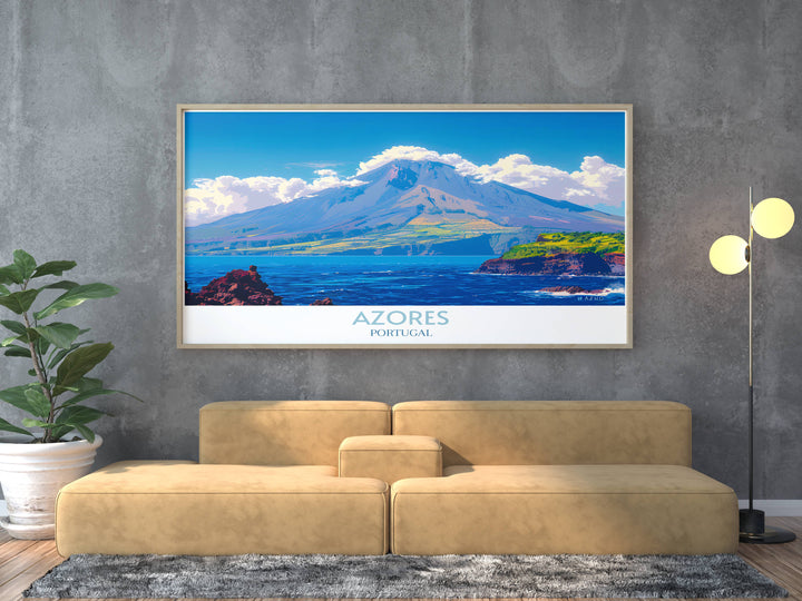 Lagoa do Fogo art print in vibrant colors capturing the breathtaking beauty of Azores, ideal for anniversary or birthday gifts.
