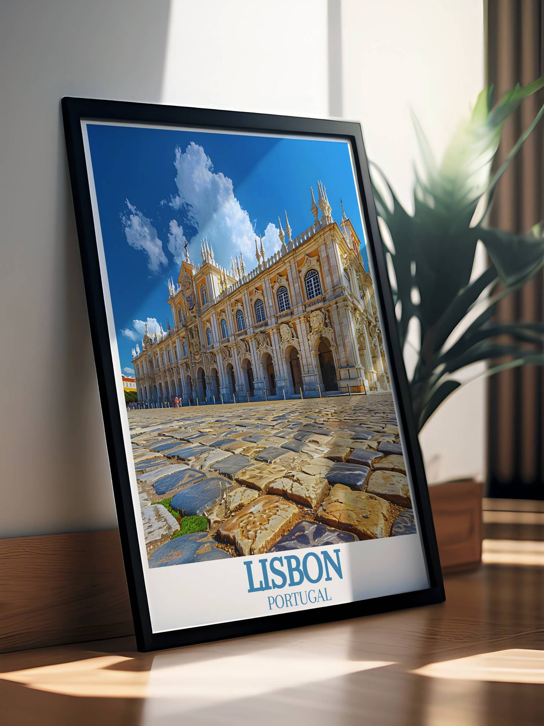 Jeronimos Monastery Framed Print depicting the architectural splendor of this iconic Portuguese landmark with a sleek design ideal for modern home decor and art.