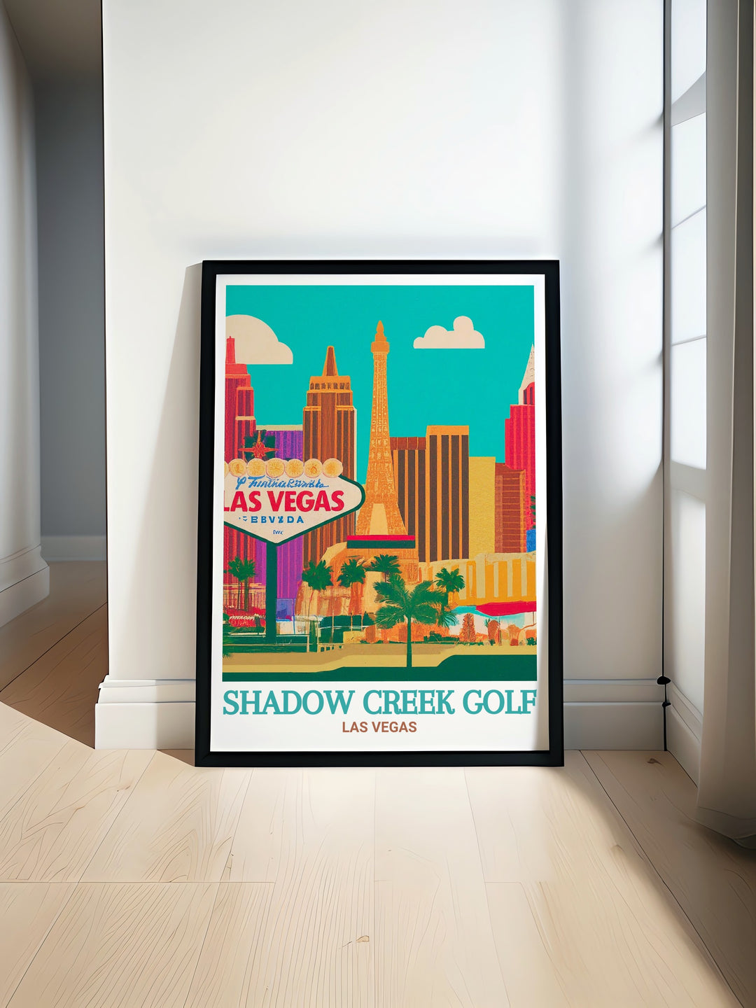 Travel Poster of Shadow Creek Golf Course, Las Vegas, featuring the courses picturesque landscapes and challenging holes. This poster is a tribute to the beauty and sophistication of one of the worlds most famous golf courses. The artworks detailed representation makes it a perfect gift for golfers and anyone who appreciates the sport. It adds a touch of elegance to any wall.