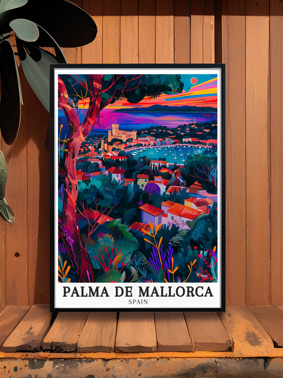 Stunning Palma de Mallorca travel print capturing the historic Bellver Castle and the serene Palma Bay. This artwork offers a detailed depiction of the castles Gothic architecture and the tranquil waters of the bay, perfect for adding a touch of Mediterranean beauty to any space