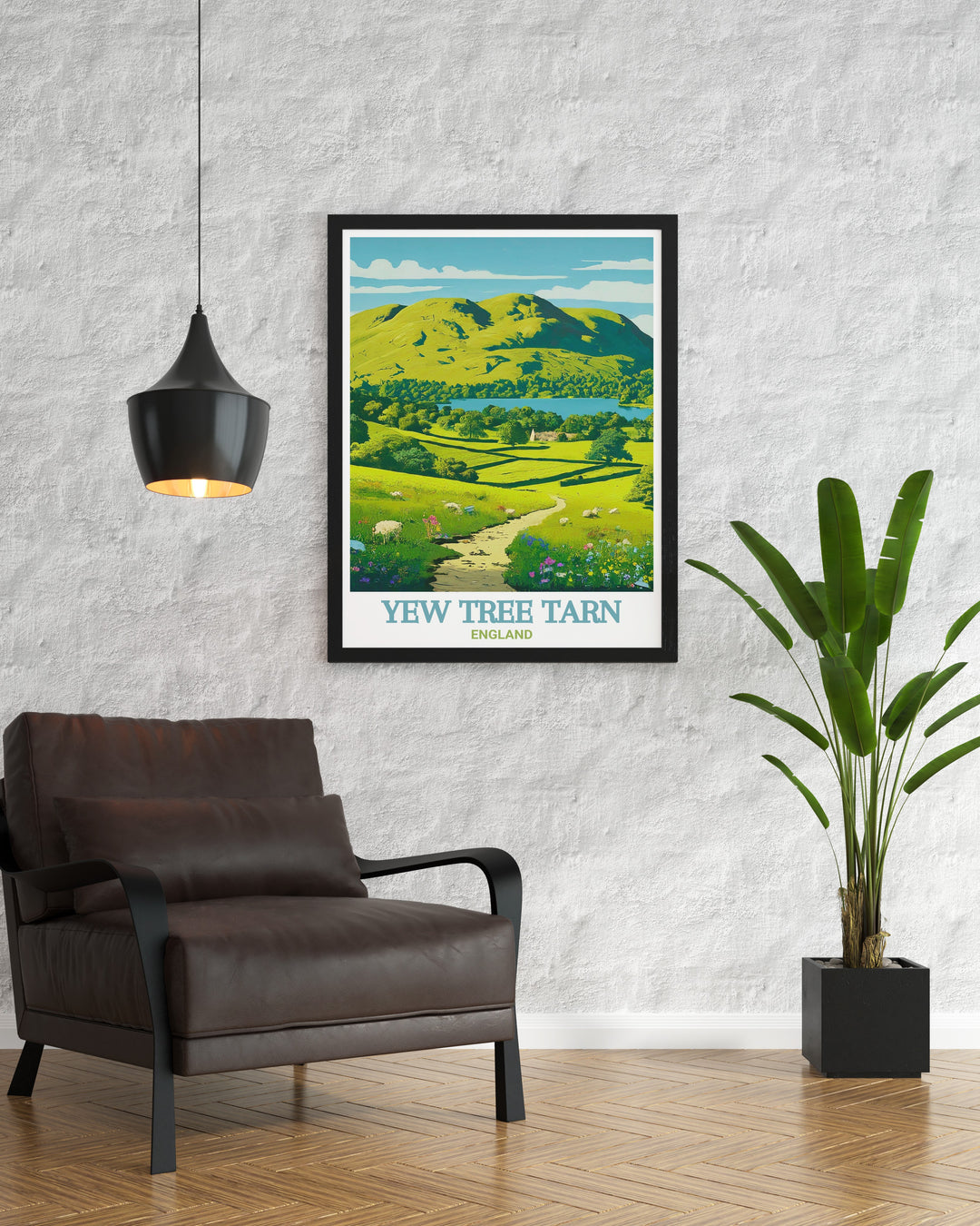 Vintage travel poster of Yew Tree Tarn and Loughrigg Fell in the Lake District, featuring calm waters and stunning reflections. This print is ideal for adding a touch of natural beauty and tranquility to any space.