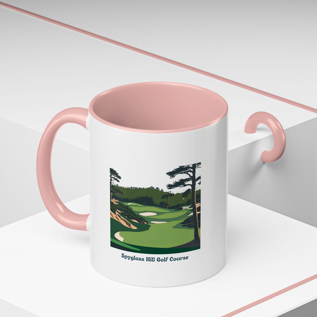 A Spyglass Hill Golf Course Mug featuring bold artwork that captures the essence of the course's coastal charm. Its practical and artistic design makes it ideal for coffee enthusiasts and golf lovers.