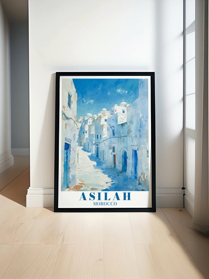 Asilah travel print featuring the stunning medina, known for its artistic murals and Mediterranean views. This print captures the unique charm of one of Moroccos most picturesque towns, offering a perfect addition to your home decor.