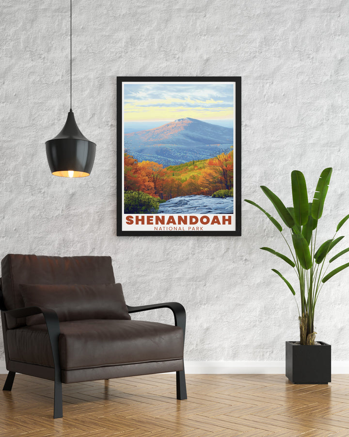 Celebrate the beauty of the Appalachian Trail with this travel print of Old Rag Mountain in Shenandoah National Park. The poster brings the iconic landscapes of Virginias Blue Ridge Mountains to life, making it a perfect addition to any home.