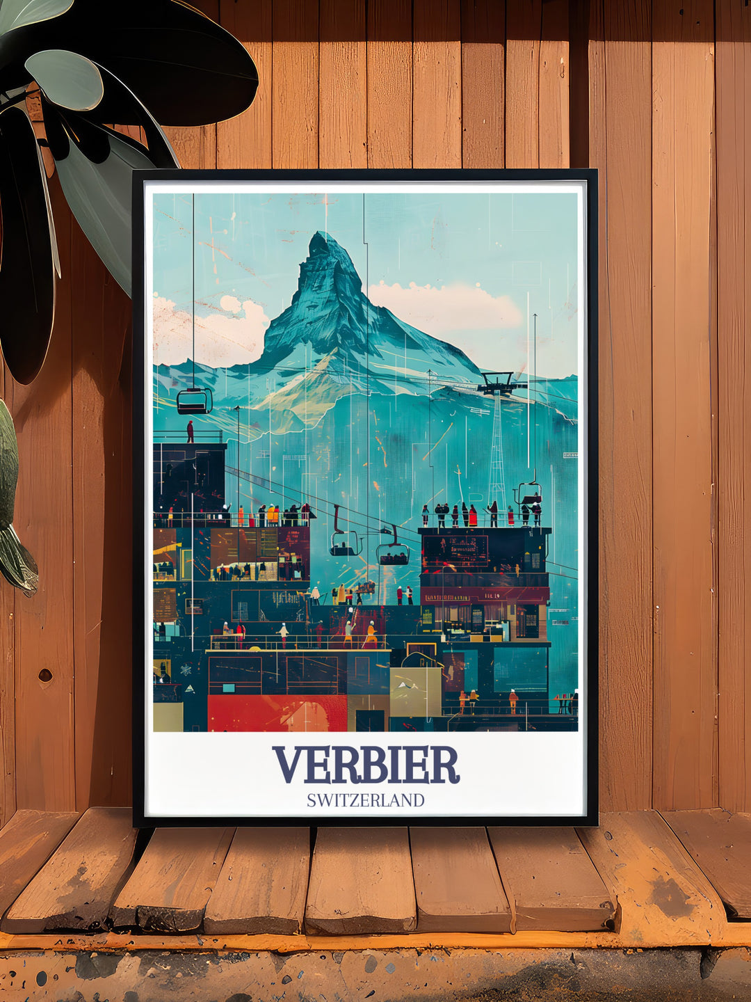 Decorate your space with this vibrant Verbier wall poster, showcasing the renowned Verbier resort and the Matterhorn. This artwork is ideal for anyone who loves skiing or dreams of exploring the Swiss Alps.