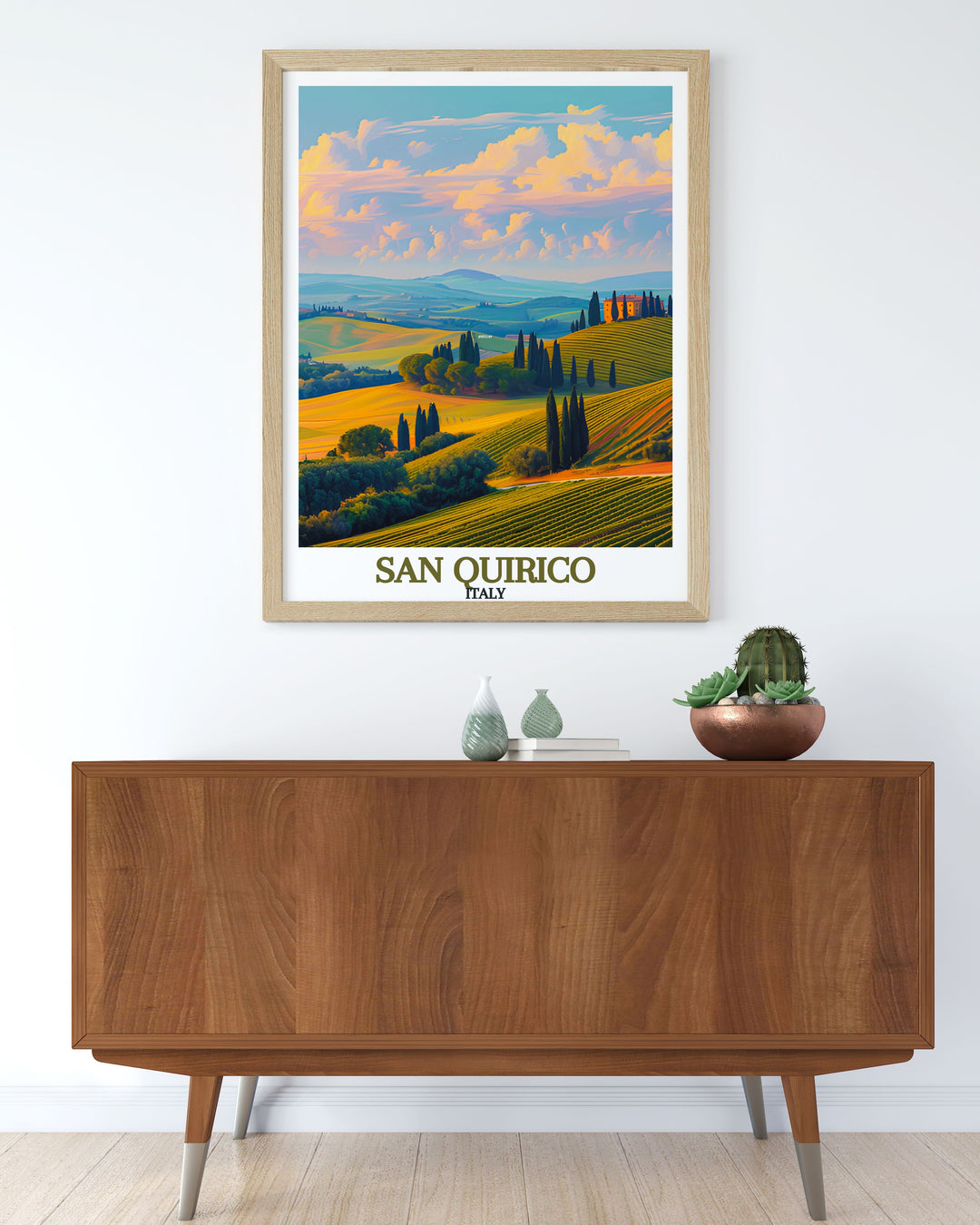 The San Quirico Archway Poster Print features bold and vibrant colors. Its intricate design makes it perfect for archway decor while Val dOrcia Hills artwork complements any modern setting. Great for those seeking colorful travel prints and unique home decor ideas.