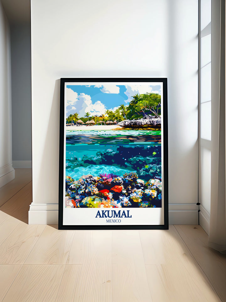 Fine line print of Akumal showcasing vibrant colors and intricate details of Half Moon Bay Akumal Coral Reef perfect for modern home decor and unique gifts