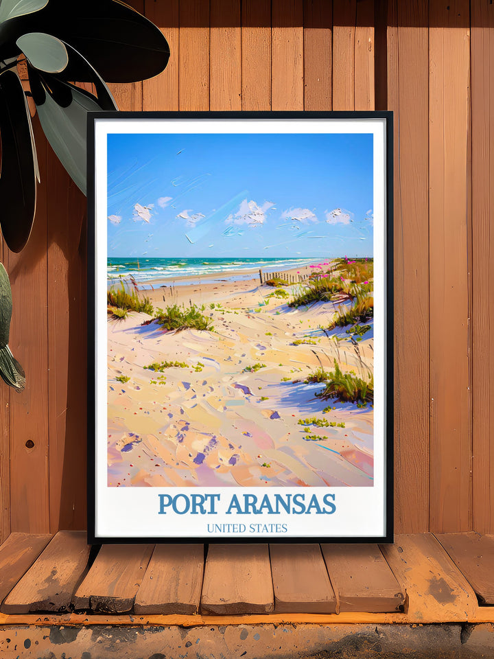 This travel poster features the best of Port Aransas and Mustang Island, bringing the beauty of Texass Gulf Coast into your living space. The detailed artwork is perfect for any beach lovers decor.