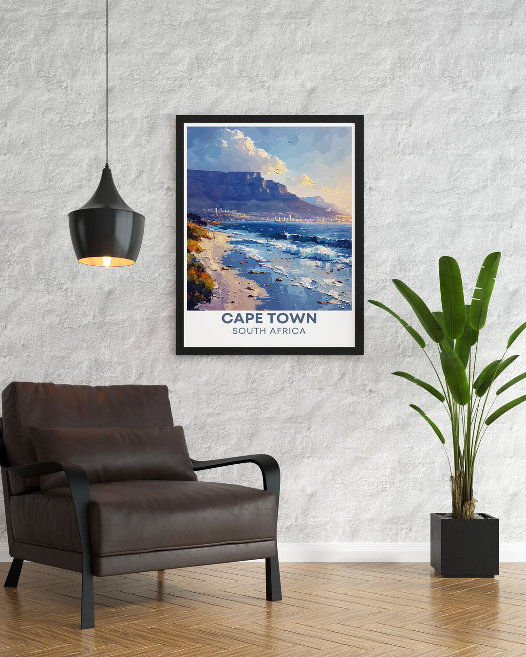 This poster artfully depicts Table Mountain and its role in Cape Towns skyline, offering a perfect blend of scenic landscapes and urban landmarks for your decor.