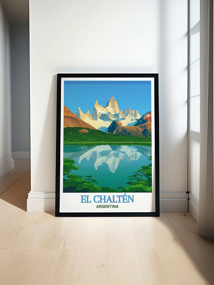 El Chalten Poster featuring Laguna Capri brings the tranquil waters of Patagonia into your home a stunning piece of Argentina Artwork perfect for any wall