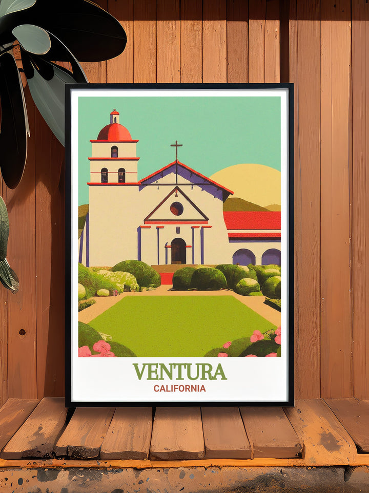 A beautiful matted poster of Ventura County, California, highlighting the historic Mission San Buenaventura. The fine line print captures the intricate details of Venturas street map, offering a unique blend of artistry and history. Perfect for home decor or as a thoughtful gift, this piece brings the beauty of Venturas past into the present.