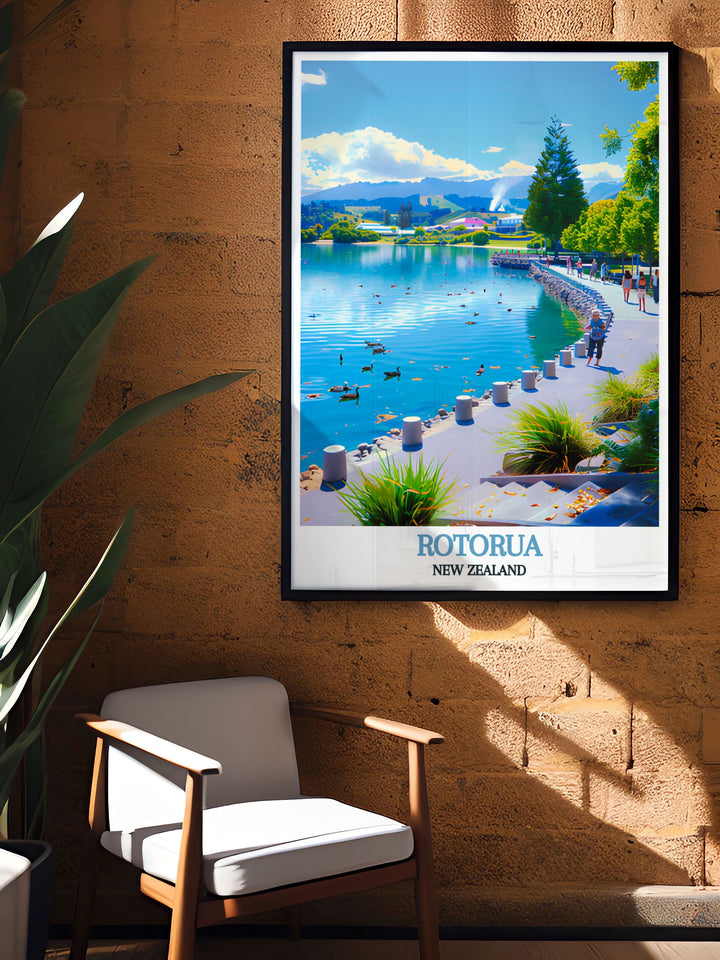 Captivating Lake Rotorua decor featuring a picturesque scene from Rotorua New Zealand. This print is perfect for adding a touch of nature to your living space. An excellent choice for those who love New Zealand travel and art.