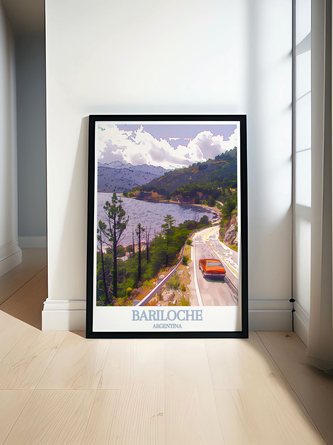 Stunning De Bariloche poster featuring the picturesque Route of the Seven Lakes and the charming town of San Carlos, capturing the natural beauty and unique charm of this iconic Argentine location. Perfect for adding a touch of Argentinas allure to your home decor.
