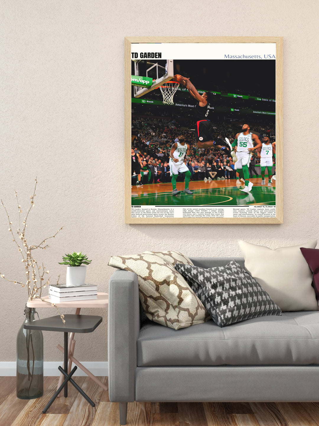 Boston Print with a vintage NBA style highlighting the TD Garden and Celtics legends making it a perfect addition to any basketball fans collection