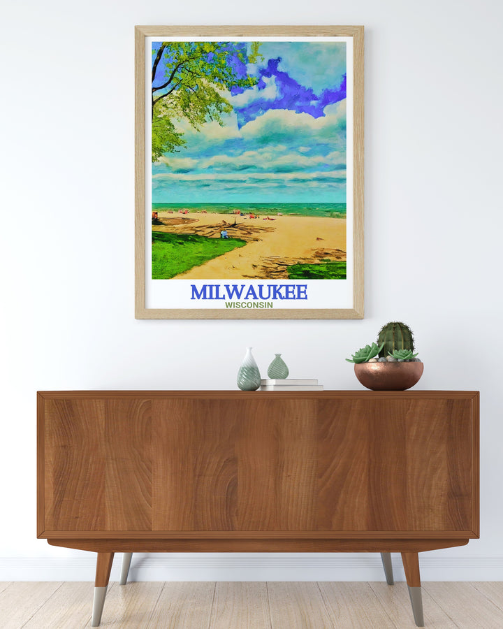 This Milwaukee poster print showcases the citys iconic skyline and the serene beauty of Bradford Beach. Capturing the best of urban architecture and natural landscapes, this travel print offers a stunning addition to any home or office décor.