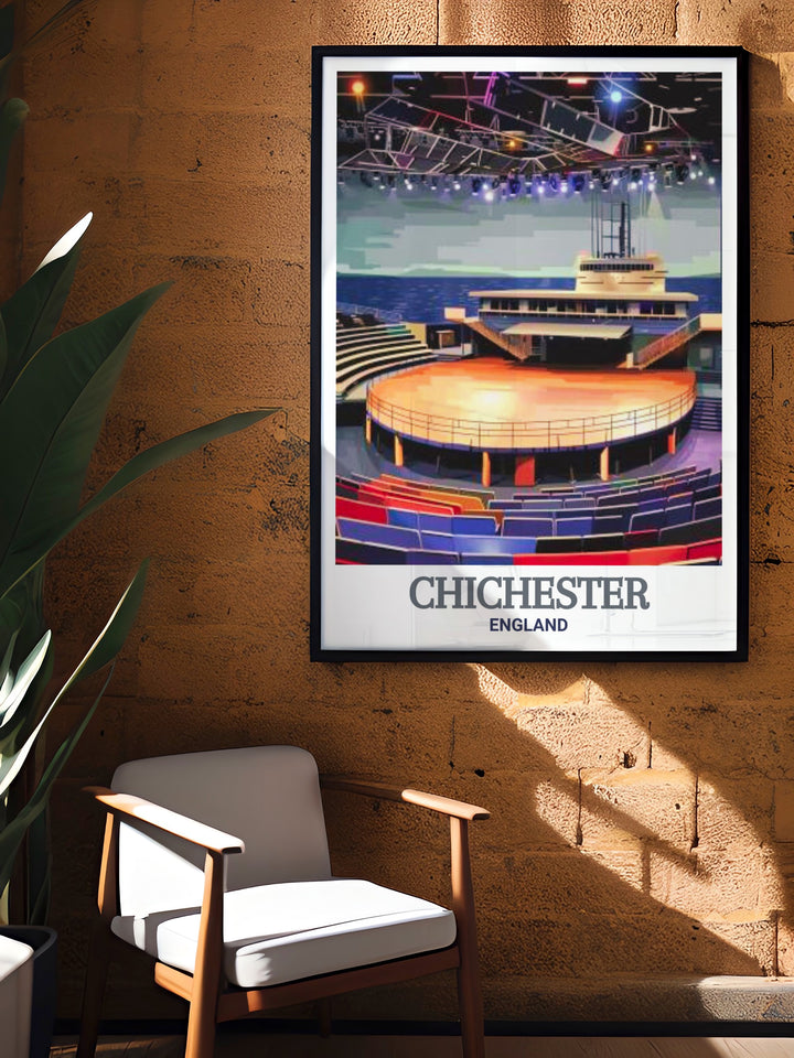 Bring the essence of Chichesters artistic spirit into your home with this travel poster, showcasing the iconic Chichester Festival Theatre and the cultural richness of the city.