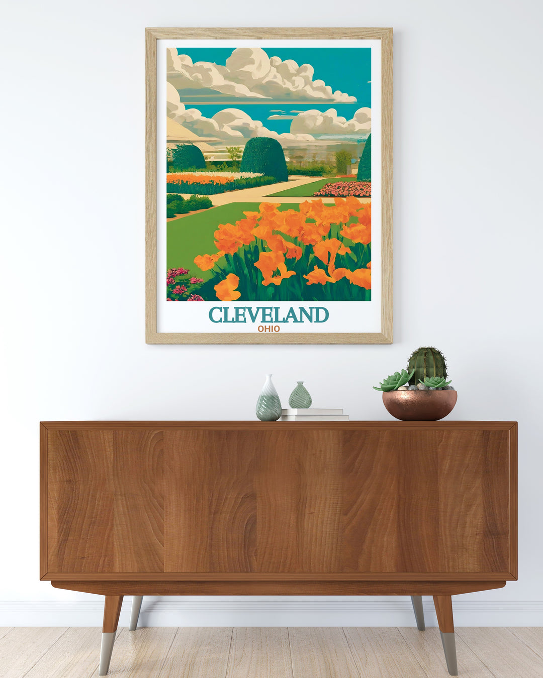 Cleveland Travel Print offers a detailed view of the citys streets and the lush Cleveland Botanical Garden, combining urban and natural elements in one striking artwork. Perfect for those who love Clevelands diversity, this piece enhances any space.