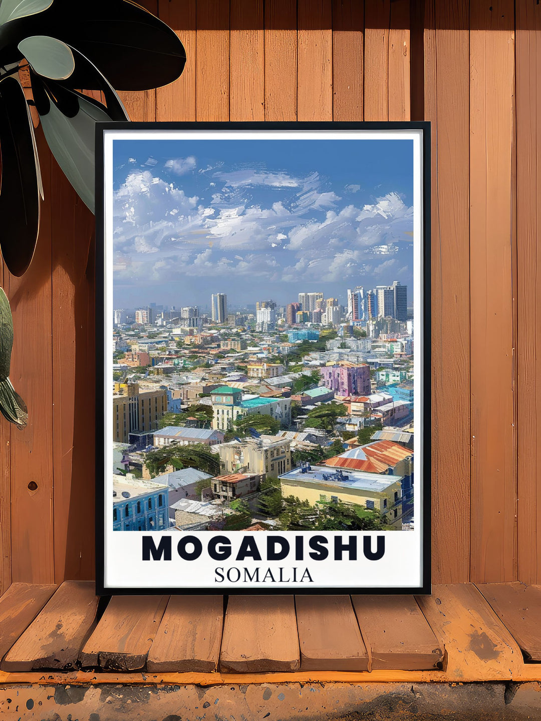 The historic architecture of Mogadishu is beautifully illustrated in this poster, showcasing its diverse influences and significant landmarks, perfect for art lovers and history enthusiasts.