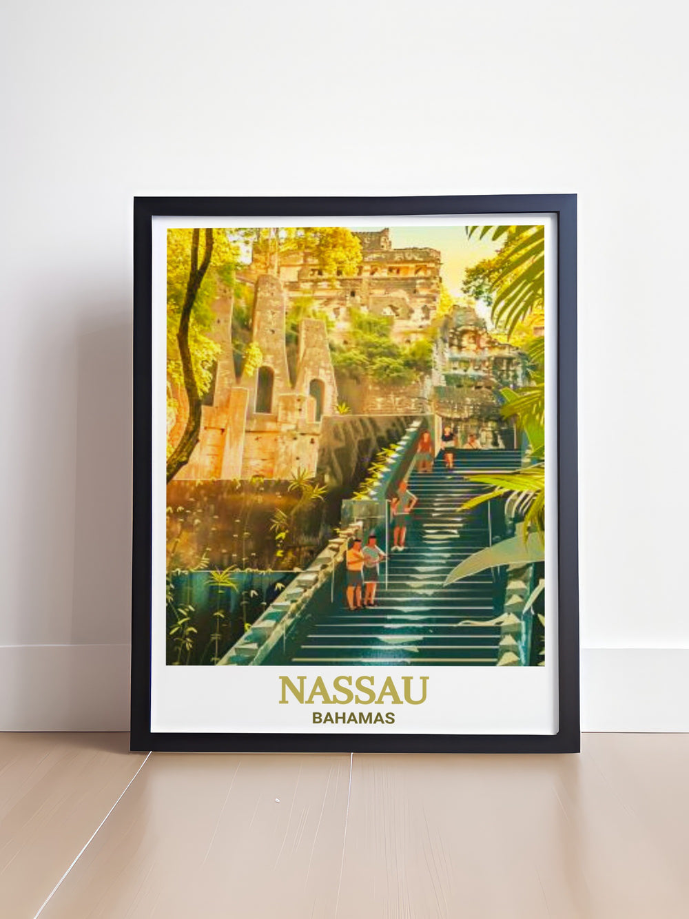 Caribbean Travel Poster featuring Nassaus Queens Staircase, showcasing the rich history of this Bahamian landmark. The staircase, nestled in tropical greenery, represents an important part of Nassaus cultural heritage, making it a standout piece for any art collection.