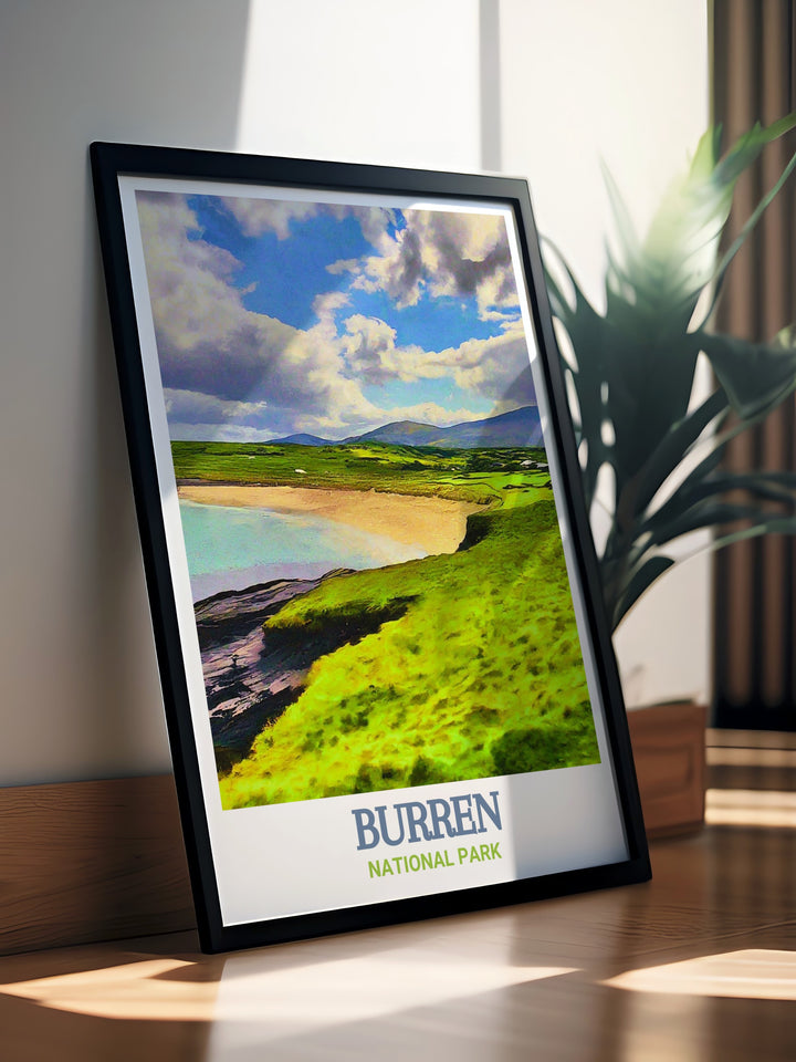 This Burren National Park art print highlights the unique textures and patterns of Irelands famous limestone pavements, with colorful wildflowers adding contrast. Ideal for nature enthusiasts, this artwork brings the rugged beauty of the Burren into your home.