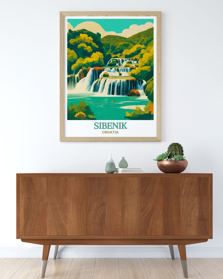 Framed art of Sibenik and Krka National Park, Croatia, presenting a beautiful fusion of cultural heritage and natural splendor. The detailed portrayal of Sibeniks landmarks and Krkas waterfalls makes this piece an exquisite addition to any art collection.