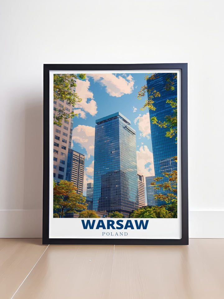 Warsaw Polish decor poster featuring Warsaw Financial Center is the perfect wall art for lovers of Polish culture. Its sleek design fits well in any room creating a sophisticated yet cozy ambiance that represents both history and modernity.