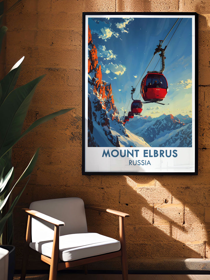 Framed Print of Mount Elbrus capturing the highest peak in Europe cable cars and chair lifts included to add a modern touch ideal for mountain wall art lovers and those seeking a unique addition to their collection