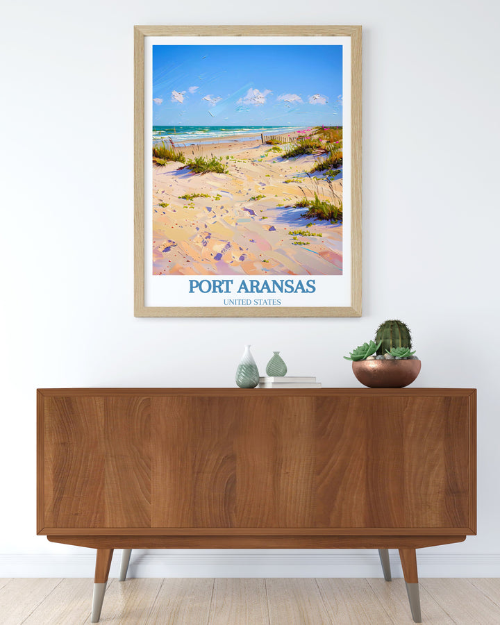 A detailed depiction of Mustang Island State Park, highlighting its unspoiled beaches and rich natural beauty. This art print is a perfect addition to any coastal themed decor.