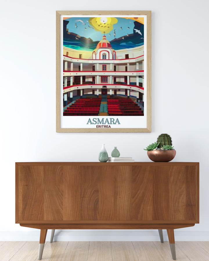 Modern art depiction of Asmara Opera House set against the city skyline, perfect for Opera House wall art and personalized travel poster gifts.