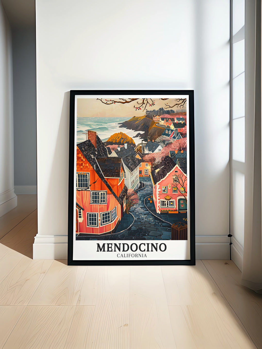 Mendocino Village and Pacific Ocean art deco travel posters showcasing vibrant landscapes and serene waters of Northern California. These framed travel posters are ideal for adding a touch of coastal elegance to your wall decor. Experience the charm of Mendocino Village through our beautifully crafted art deco travel posters.