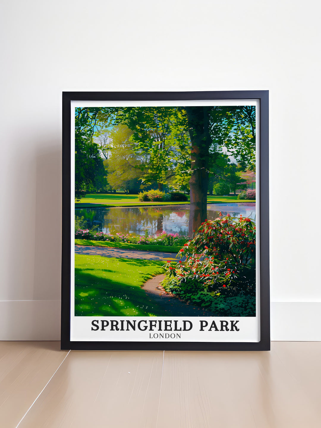 Springfield Park Poster with The Pond Upper Clapton perfect for those looking to enhance their living room with a touch of vintage London travel art ideal for fans of Hackneys vibrant parks and serene River Lea landscapes perfect for adding a calm ambiance.