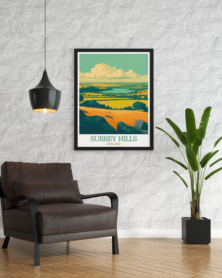 Explore the serene landscapes of Surrey Hills with this elegant wall decor featuring Newlands Corner. The print beautifully captures the essence of this AONB, offering a stylish addition to any home. Perfect for gifting or personal enjoyment, this piece celebrates the beauty and tranquility of Englands countryside