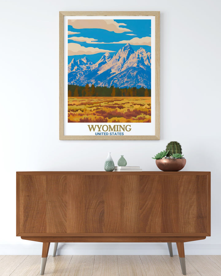 Vintage Ski Poster capturing the thrill of skiing available as a Framed Print perfect for ski resort lovers and complemented by Grand Teton National Park Stunning Living Room Decor