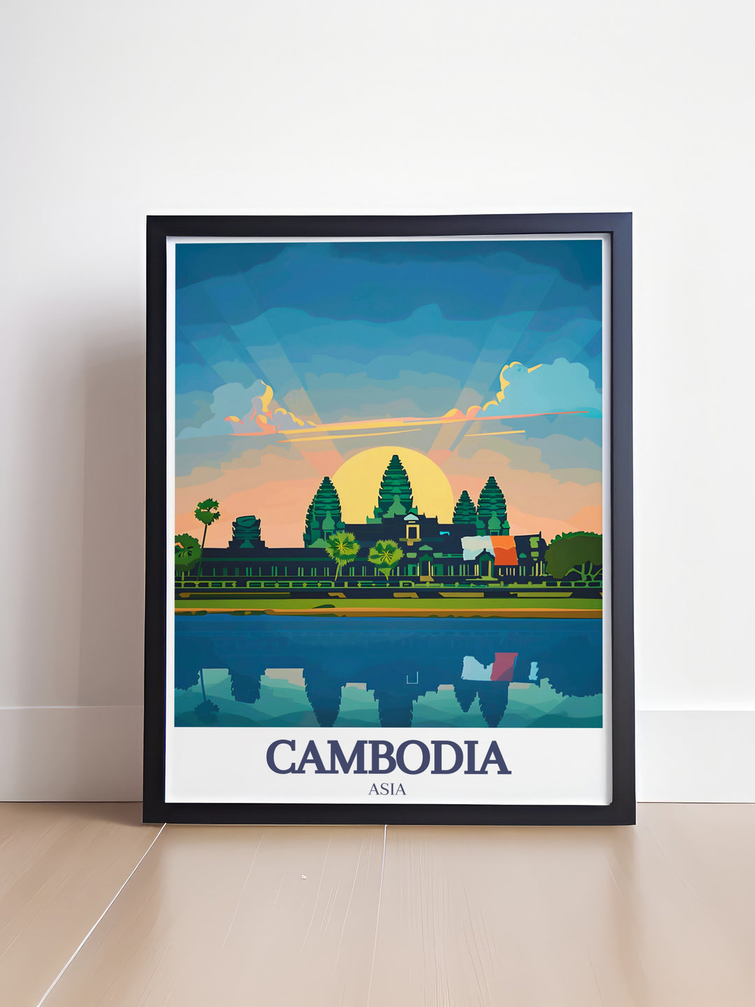 Siem Reaps Angkor Wat Khmer temple depicted in an exquisite art print. This wall art celebrates the sophistication and beauty of Khmer architecture. A perfect addition to any collection of Southeast Asian art and historical prints.