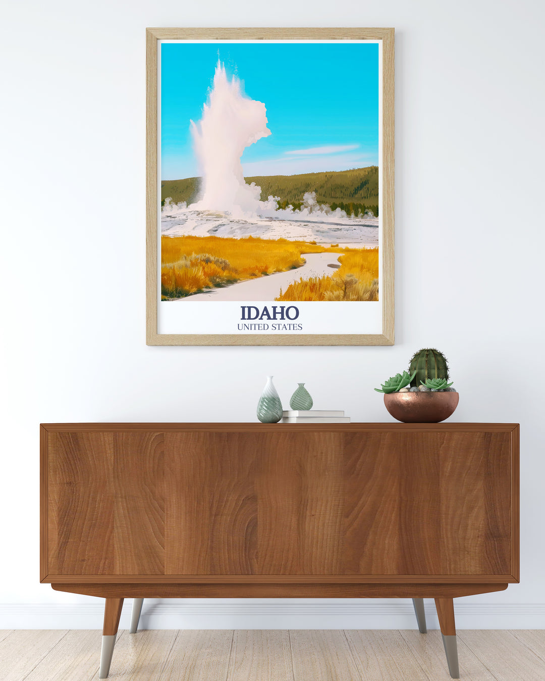 This Idaho poster print showcases the iconic Old Faithful Geyser in Yellowstone. The travel artwork brings to life the raw power of this natural wonder, making it a captivating piece for your home or office decor.