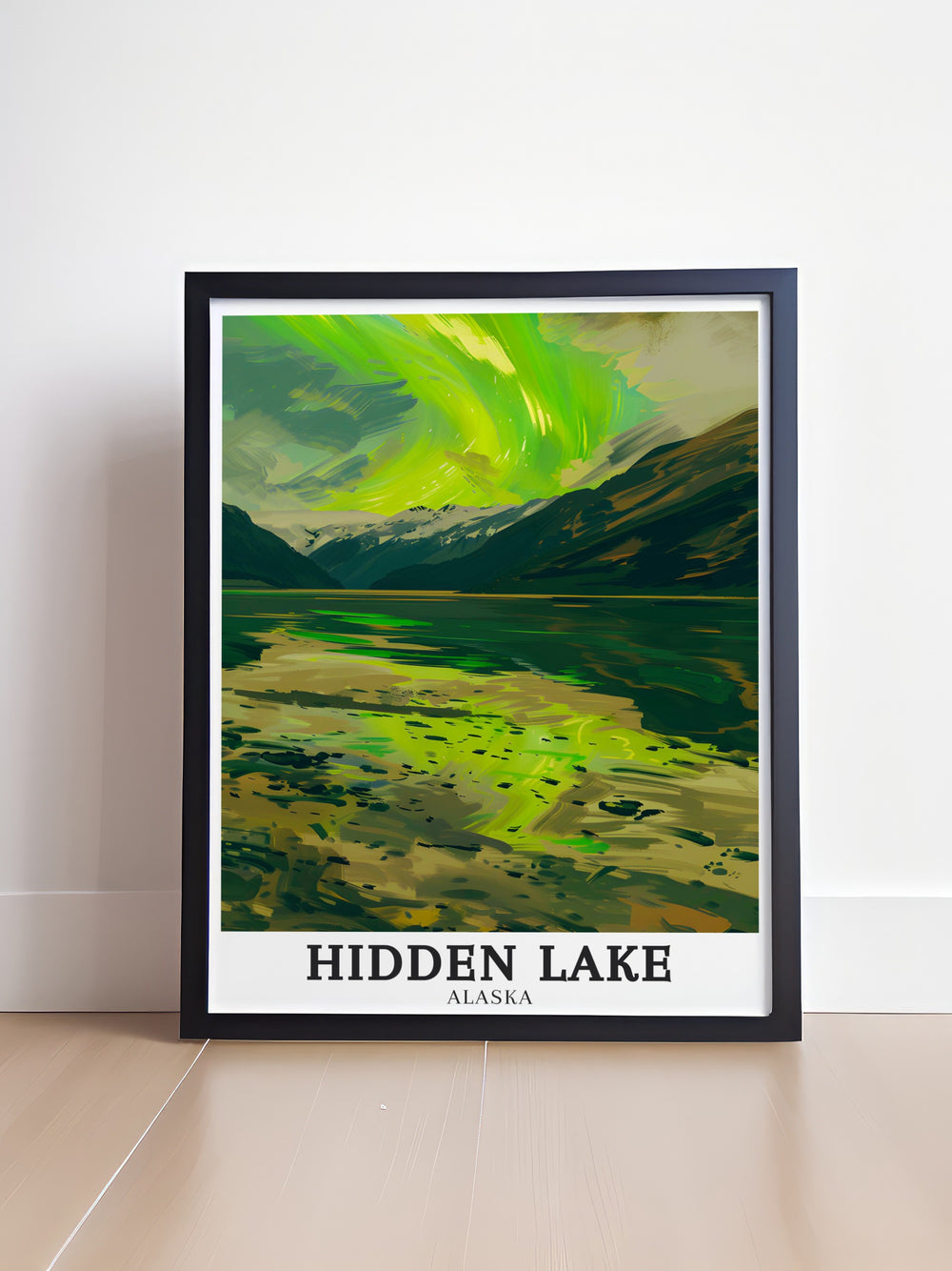 Northern Lights travel poster offering a breathtaking view of Alaskas iconic auroras. This detailed print brings the wonder of the Northern Lights into your home, providing a perfect blend of beauty and natural magic, making it an inspiring addition to any décor.