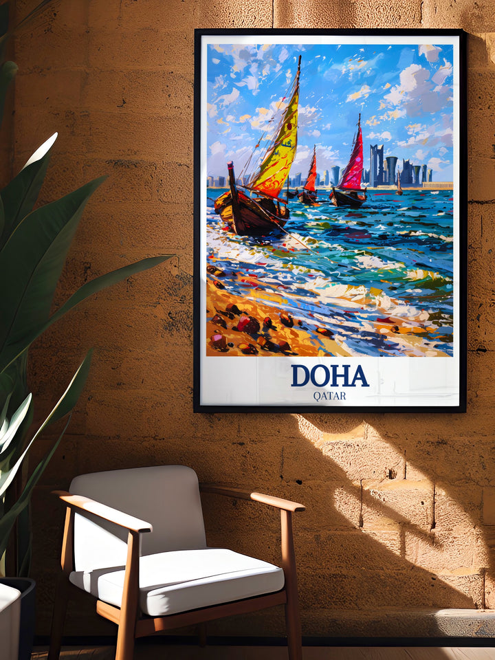 This vintage poster of Doha Bay combines the calmness of the bays waters with the classic charm of vintage design, making it an elegant addition to any décor, especially for those who appreciate timeless beauty.