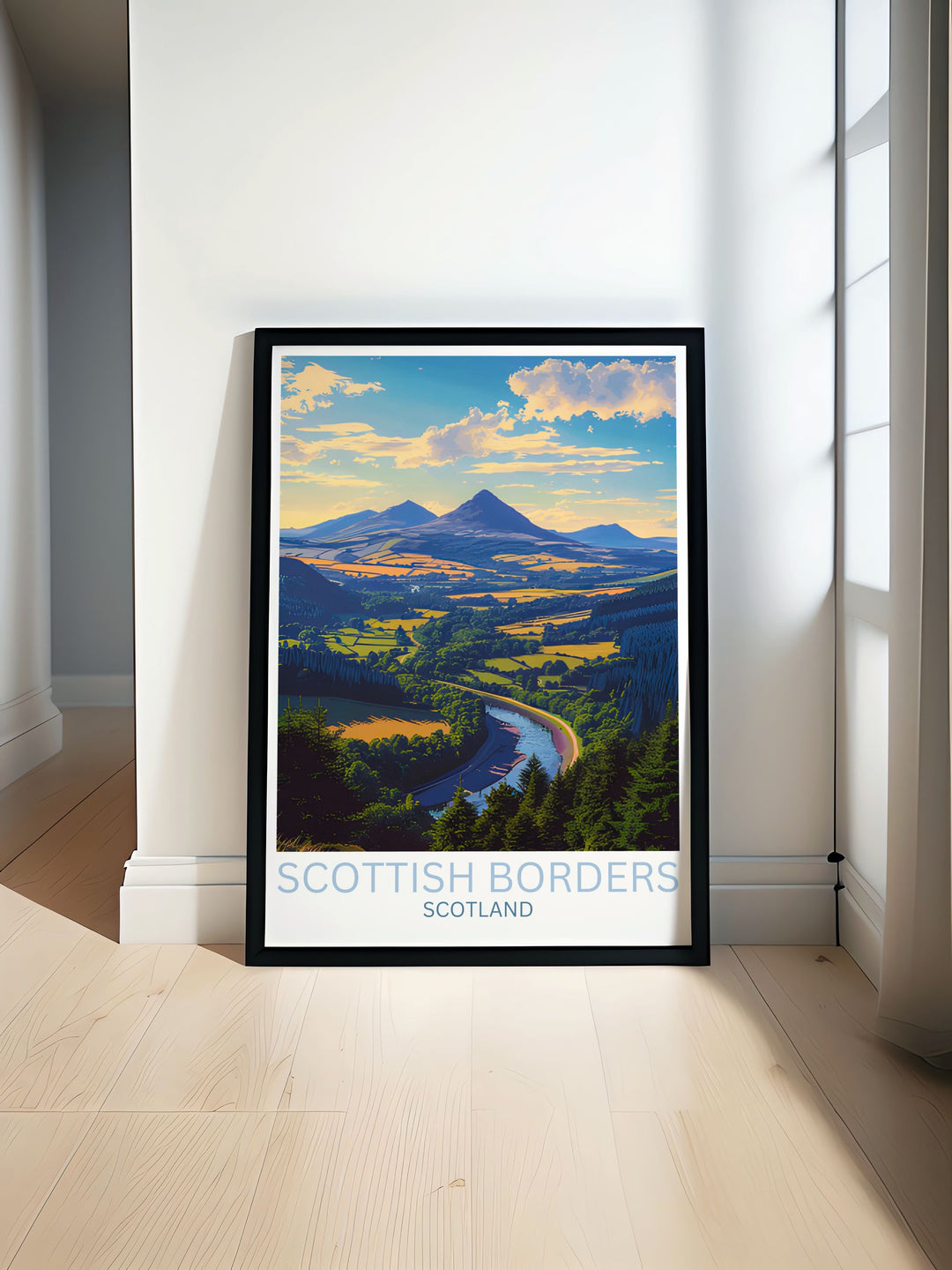 Scotts View poster print offers a stunning representation of the Scottish Borders landscape Ideal for lovers of Scottish home decor this artwork adds a touch of elegance to any room perfect for nature enthusiasts and those who appreciate Scotlands beauty