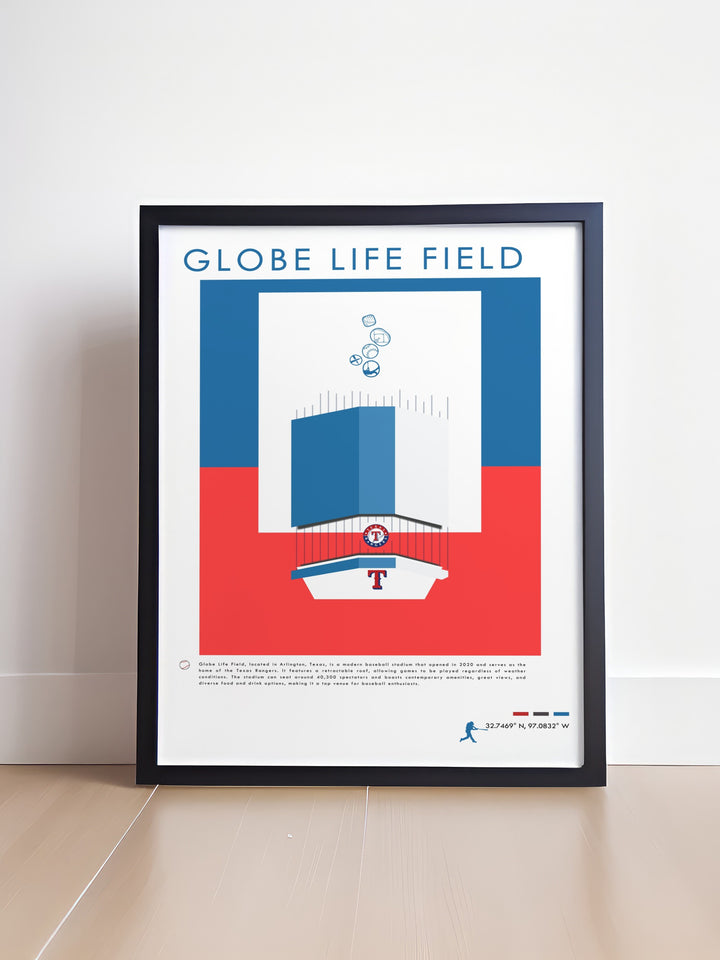 Vintage MLB print of the Texas Rangers captures the spirit of the team and Globe Life Field with a nostalgic retro design ideal for any fans collection or as a dorm room poster