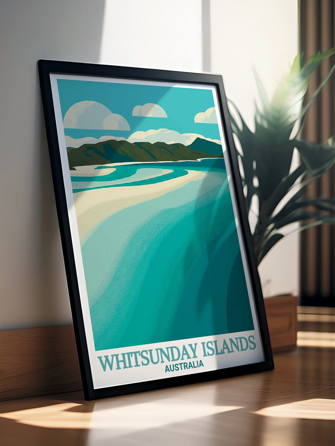 Beautiful Hill Inlet illustration showcasing the vibrant colors and serene landscapes of the Whitsunday Islands perfect for travel enthusiasts and those looking to add Australian charm to their home with this modern travel print.